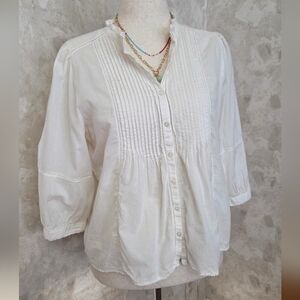 Aritzia Little Moon Organic Cotton Pintuck Blouse Button Front Peasant Top L
